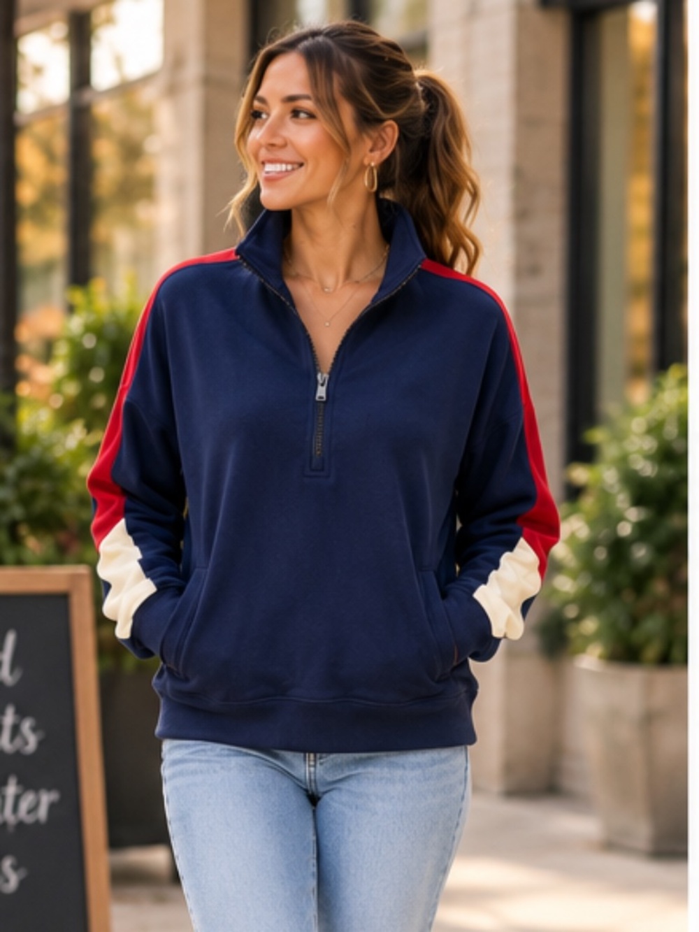 Fabletics Year Round Terry Colorblock Half Zip Sweatshirt Navy Red Size L NWT